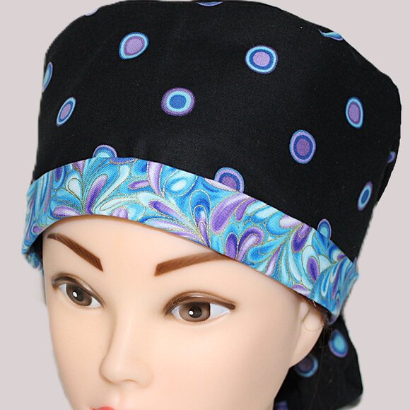 New Womens Polka Dot Ponytail Scrub Cap, Purple Blue Dots on Black - Picture 2 of 7